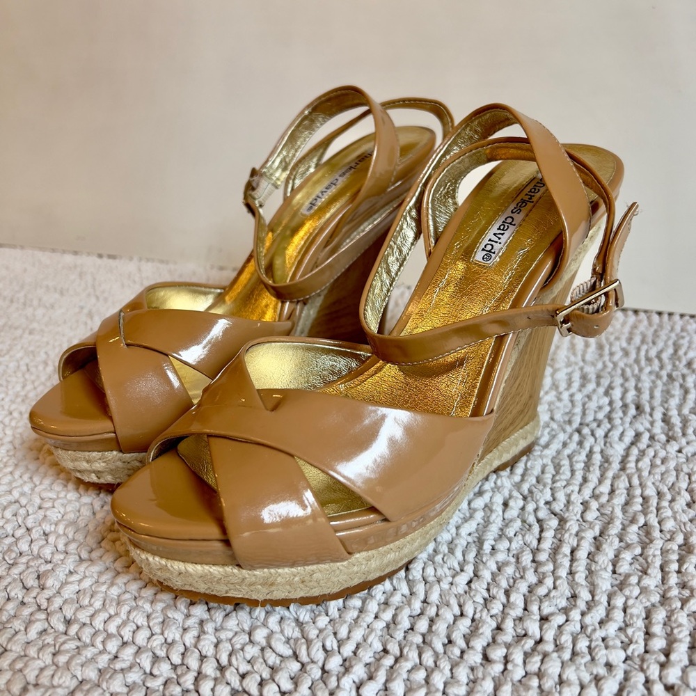 Charles David Nude / Tan Patent Leather Wedges with Espadrille Wooden Details